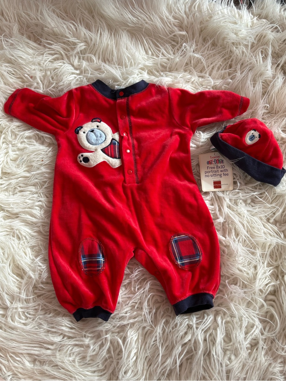 NWT Vintage Okie Dokie Velour Bear Romper Hat Set 3-6M